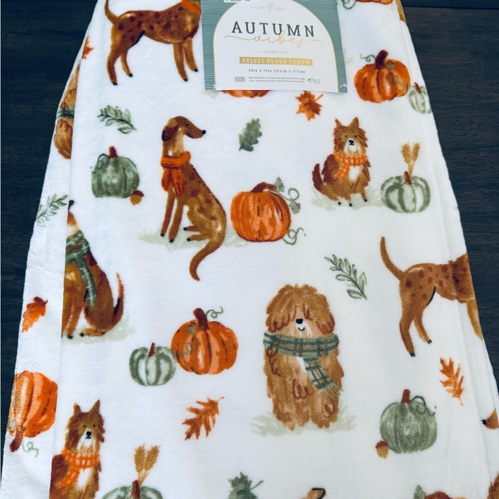 Plush Oversize Fall Dogs Pumpkins Autumn Vibes Throw Blanket